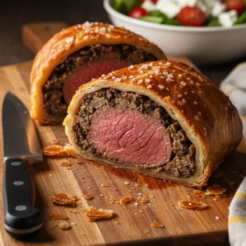 A full-size Beef Wellington, cut in half to display its layers of medium-rare beef tenderloin, duxelles, and golden-brown puff pastry sprinkled with sea salt.