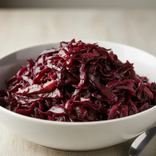 A close-up of braised red cabbage in a white bowl. The cabbage is shredded and cooked until tender, coated in a glossy, deep red-purple sauce. The surface is glistening with moisture and the edges show slight browning.