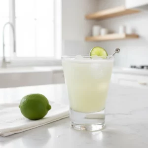 A glass of Brazilian Lemonade, a pale lime-green drink with ice cubes and a frothy top, garnished with a lime wedge, sitting on a textured surface with limes and a colorful napkin in the background.