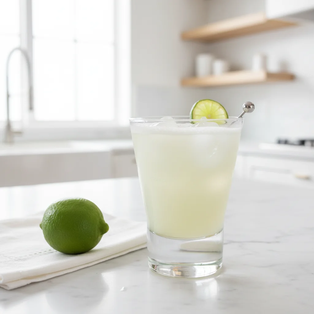 A glass of Brazilian Lemonade, a pale lime-green drink with ice cubes and a frothy top, garnished with a lime wedge, sitting on a textured surface with limes and a colorful napkin in the background.