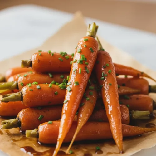 Close-up of roasted baby carrots glazed with brown sugar and garnished with fresh herbs, showcasing their glistening surface and caramelized edges.