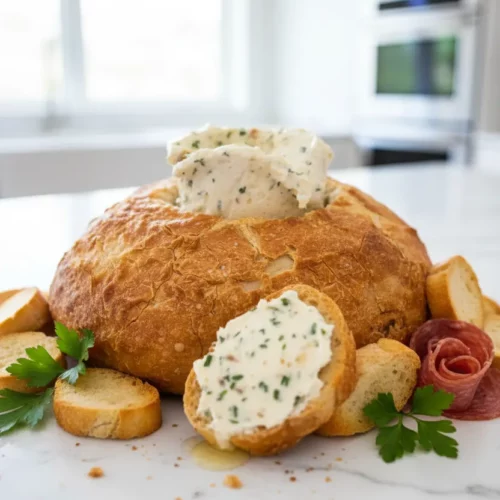 A baked bread bowl filled with herbed butter, with a slice of bread coated in the butter leaning against it. Fresh parsley leaves, toasted bread slices, and salami roses encircle the bowl, showcasing a butter candle recipe.