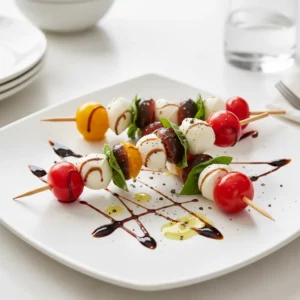 Caprese salad skewers featuring cherry tomatoes in red, yellow, and brown/purple, fresh mozzarella balls (bocconcini), and vibrant green basil leaves, drizzled with a glossy balsamic glaze and olive oil. The skewers are seasoned with cracked black pepper and a touch of salt on a white marble surface. The composition includes a small bowl of balsamic glaze with a spoon and fresh basil leaves scattered around.