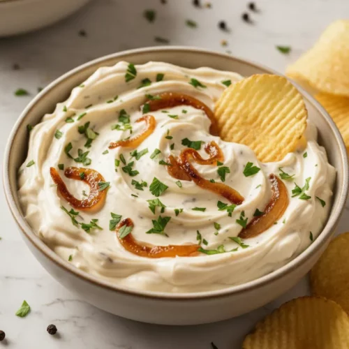 A bowl of creamy caramelized onion dip sits next to a pile of kettle-cooked potato chips. Fresh parsley is sprinkled on top of the dip, offering a vibrant contrast to the golden-brown caramelized onions. One chip is partially submerged in the dip.