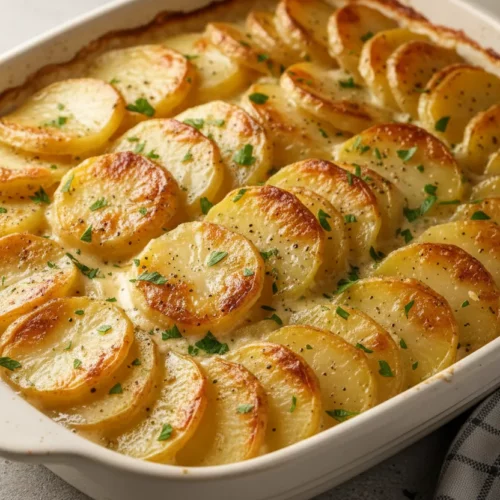 Overhead view of a cheesy potato gratin in a white ceramic baking dish. Thinly sliced potatoes are layered and baked until golden brown with a creamy sauce, garnished with fresh parsley and black pepper.