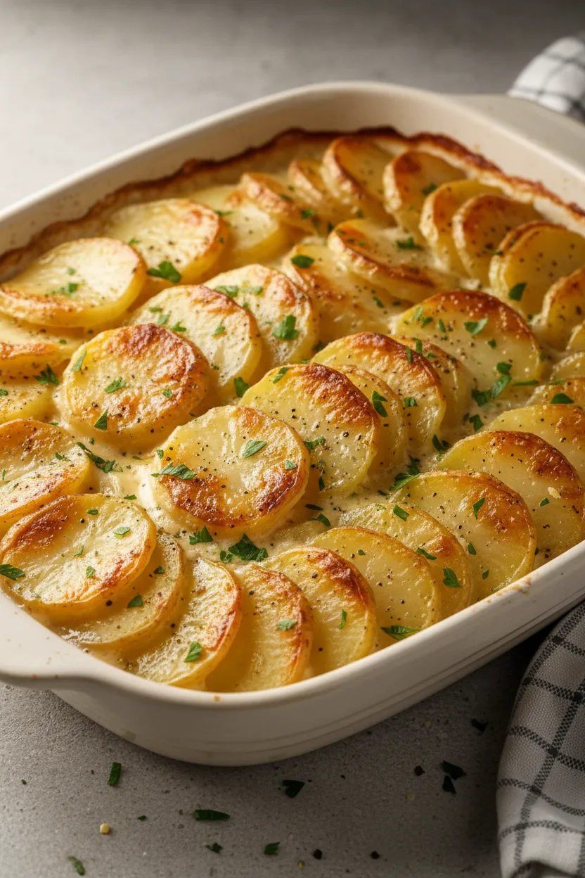 Overhead view of a cheesy potato gratin in a white ceramic baking dish. Thinly sliced potatoes are layered and baked until golden brown with a creamy sauce, garnished with fresh parsley and black pepper.
