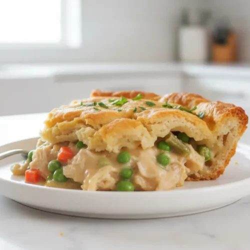A slice of homemade chicken cobbler on a light turquoise plate, featuring a golden biscuit topping and a creamy chicken and vegetable filling with carrots, peas, and green beans, garnished with fresh parsley.