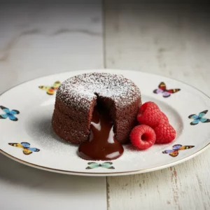 A chocolate lava cake with a dark, slightly cracked exterior and molten chocolate oozing from the center, dusted with powdered sugar and garnished with three fresh raspberries.