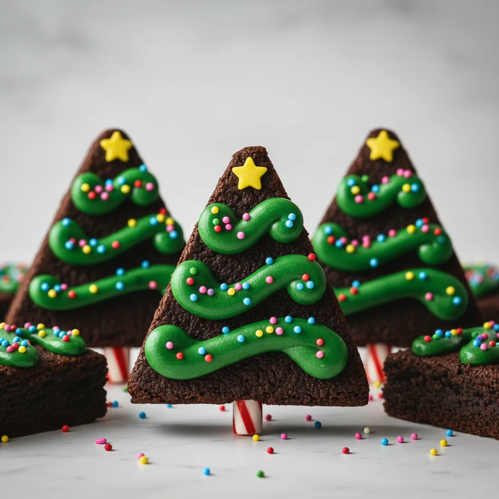 Christmas tree brownies decorated with green frosting, multi-colored sprinkles and a yellow star on a white surface. Some brownies have candy canes as stems.