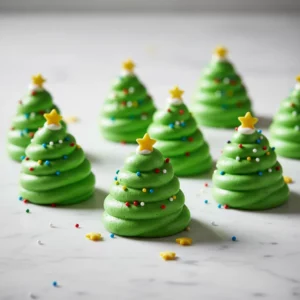 Christmas tree meringue cookies decorated with colorful sprinkles and a yellow star on a wooden surface dusted with powdered sugar.