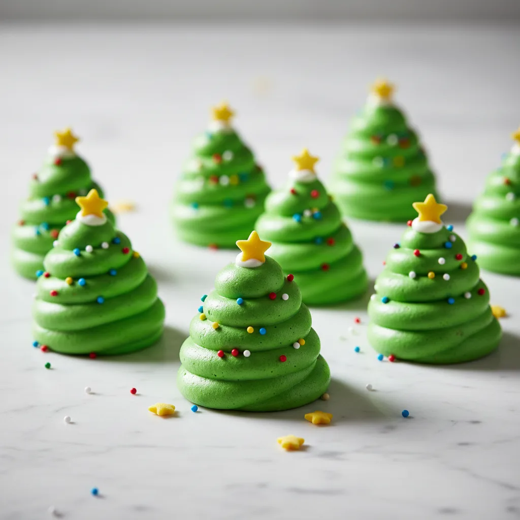 Christmas tree meringue cookies decorated with colorful sprinkles and a yellow star on a wooden surface dusted with powdered sugar.