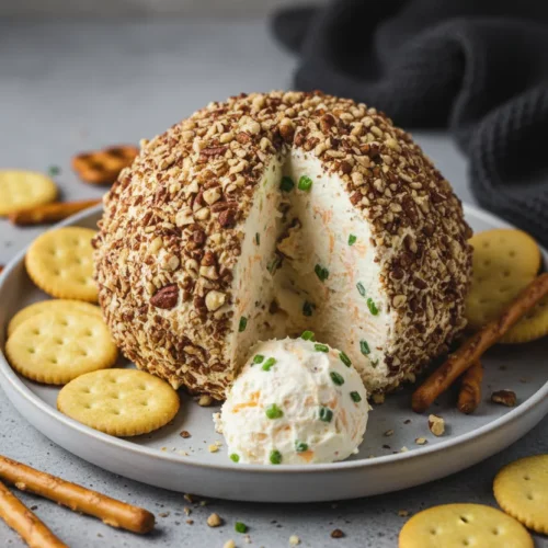A classic cheese ball coated with chopped pecans and served with crackers and pretzel sticks. A wedge has been cut out to reveal a creamy cheese filling with herbs.
