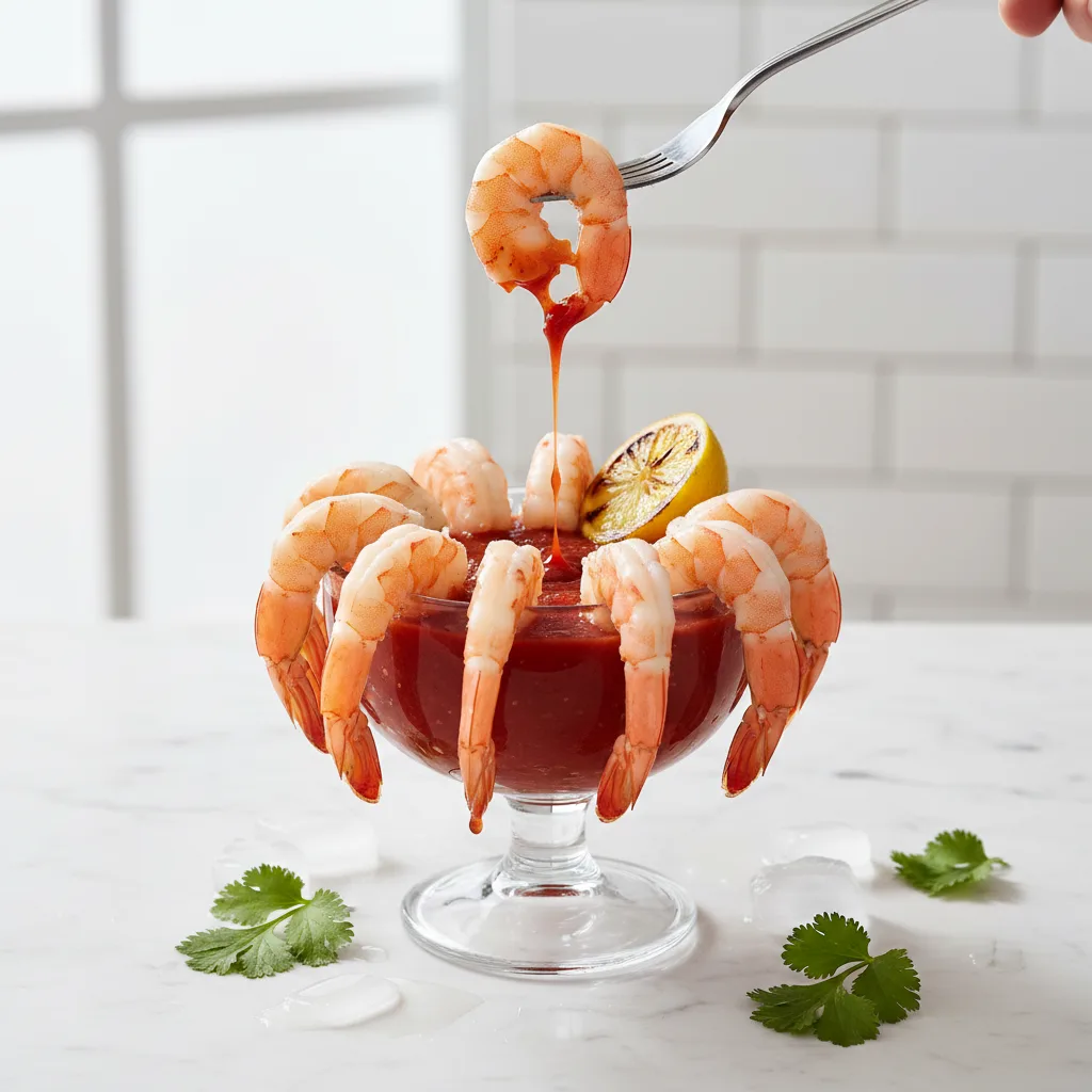 A classic shrimp cocktail featuring poached shrimp served in a clear glass cocktail dish, accompanied by a reddish-brown cocktail sauce, a lemon wedge, and fresh green leaves, all presented on a light brown hessian surface.