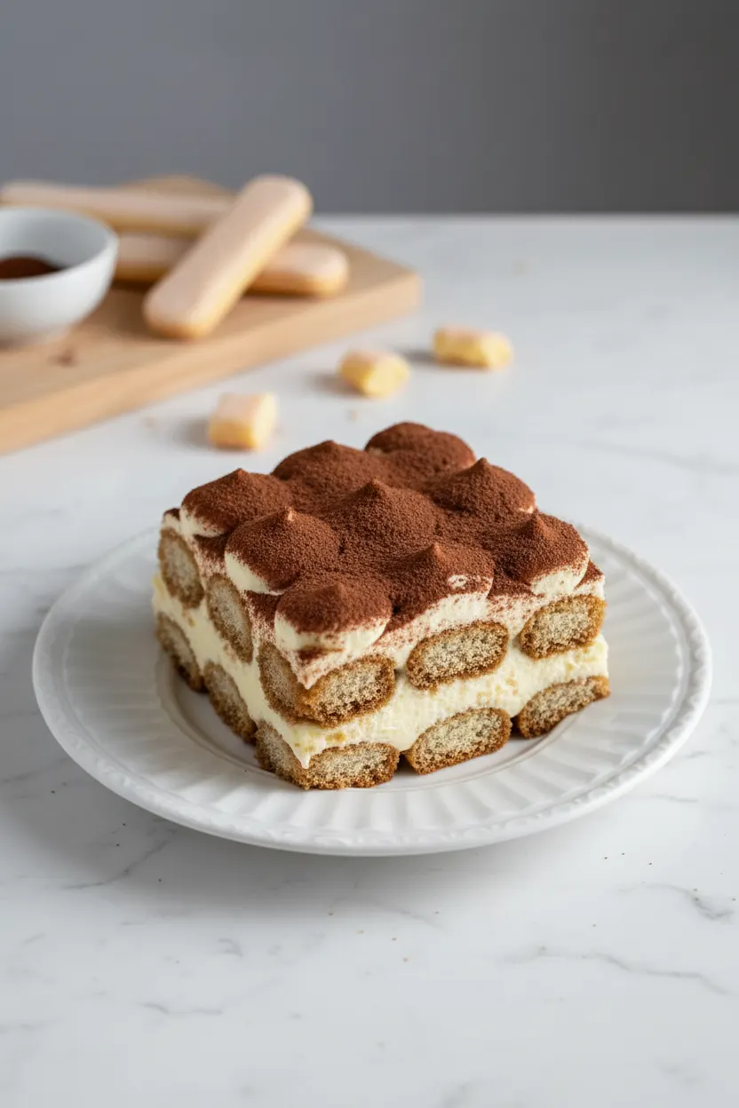 A roughly cut square portion of classic non-alcoholic tiramisu showing layers of coffee-soaked ladyfingers, mascarpone cream, and a generous dusting of cocoa powder. A portion has been scooped out with a fork, revealing the soft, moist interior.