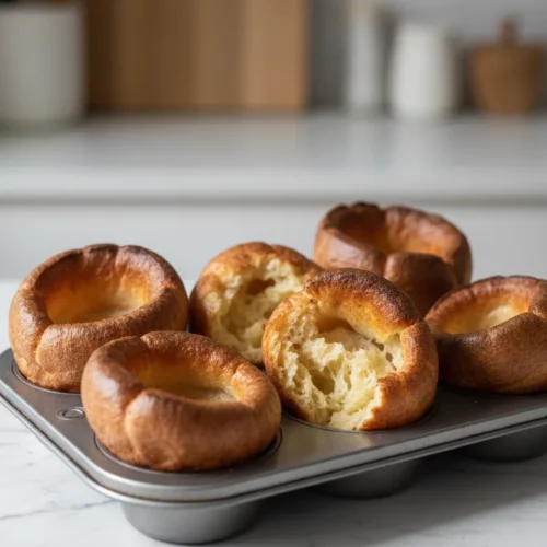 Freshly baked Classic Yorkshire Puddings in a metal muffin tin, displaying golden-brown surfaces and airy interiors.