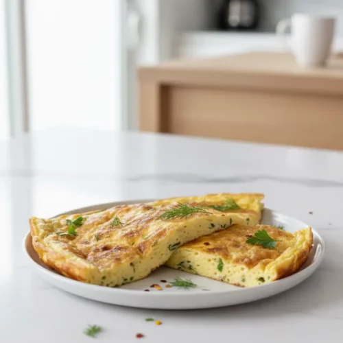 A freshly baked cottage cheese flatbread, cooked until golden brown with slightly browned edges, resting on a metal baking sheet lined with parchment paper and a cooling rack. Red pepper flakes in a white bowl and red-handled scissors are visible in the background.