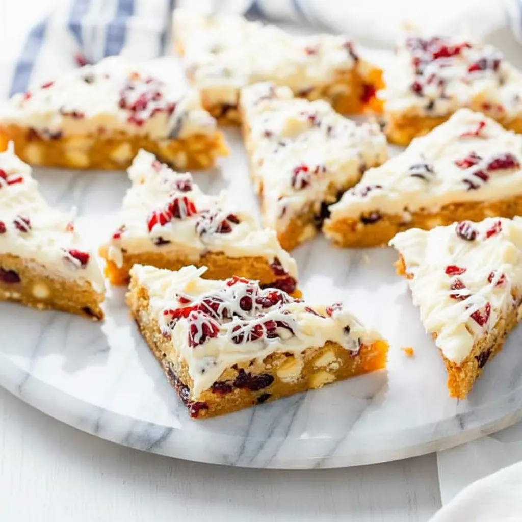 Close-up of Cranberry Bliss Bars, a Starbucks copycat recipe, cut into triangular wedges. The blondie base is topped with cream cheese frosting, white chocolate drizzle, and chopped dried cranberries.