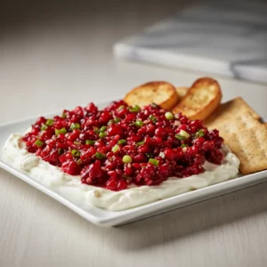 Cranberry Jalapeño Cream Cheese Dip, featuring a smooth cream cheese base topped with a vibrant red cranberry relish speckled with green herbs, served on a white plate with limes in the background.