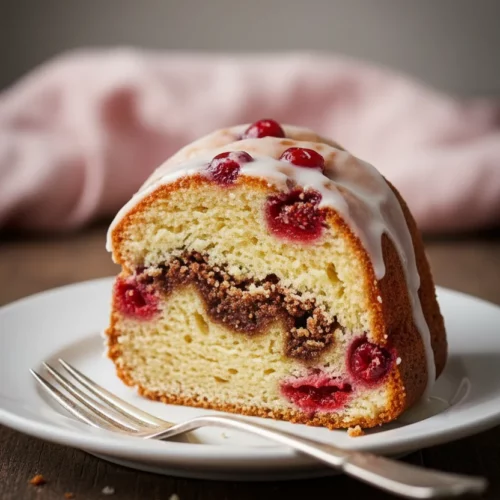 A slice of cranberry orange Bundt cake with cinnamon streusel filling and white icing glaze is shown. The cake has visible cranberries and a fine crumb. The icing is drizzled down the side. A brown wood surface and pink linen create a rustic and warm background.