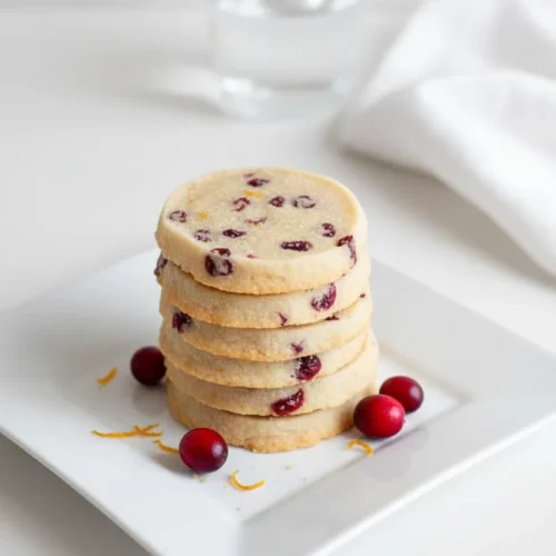 A stack of circular Cranberry Orange Shortbread Cookies dusted with sugar, featuring visible cranberries and orange zest. A single cookie leans against the stack on a white surface.