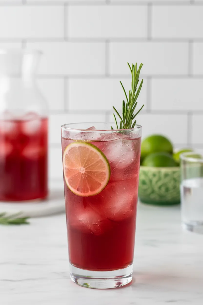 A tall glass filled with a vibrant red-pink Cranberry & Rosemary Mocktail, garnished with lime slices and a sprig of fresh rosemary, sitting on a white marble surface.
