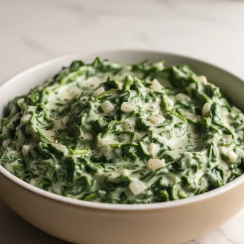 A top-down view of a bowl of creamed spinach dip. The spinach leaves are cooked down, coated in a thick cream sauce with visible diced onions and flecks of black pepper. The dip has a moist, slightly glistening appearance.