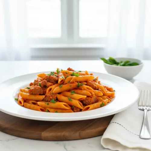 A family-sized pan filled with creamy sweet pepper and sausage pasta recipe. Penne pasta is coated in a rich, red-orange tomato-based meat sauce, garnished with fresh green Italian parsley. The dish is sitting on a clean, white surface with a glimpse of a blue and white checkered napkin in the background.