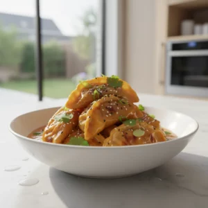 A bowl of golden-brown Asian dumplings coated in a creamy orange-red sauce, garnished with fresh cilantro and green onions. The dumplings, likely potstickers or wontons, are arranged artfully in the bowl, glistening under warm lighting. This is a delicious dumpling bake recipe.
