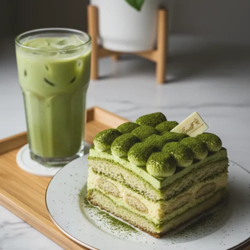 A square slice of Earl Grey Matcha Tiramisu featuring layers of ladyfingers soaked in matcha tea, a creamy mascarpone filling, piped matcha cream rosettes dusted with matcha powder, and a 'Lindt' white chocolate piece on top.