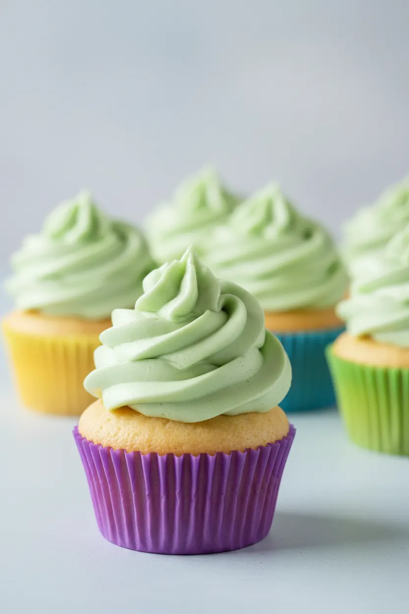 A light yellow cupcake baked in a purple paper liner, topped with a vibrant light green frosting swirl, showcasing Earl Grey matcha cupcakes.
