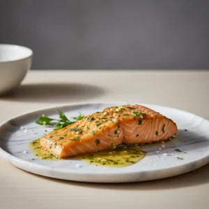 Five pan-seared salmon fillets seasoned with garlic butter and herbs, showcasing a golden-brown crust and moist interior.