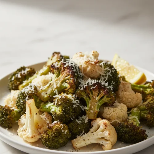 Close-up of garlic roasted broccoli and cauliflower florets, browned and crispy with grated Parmesan cheese, presented on a white plate.