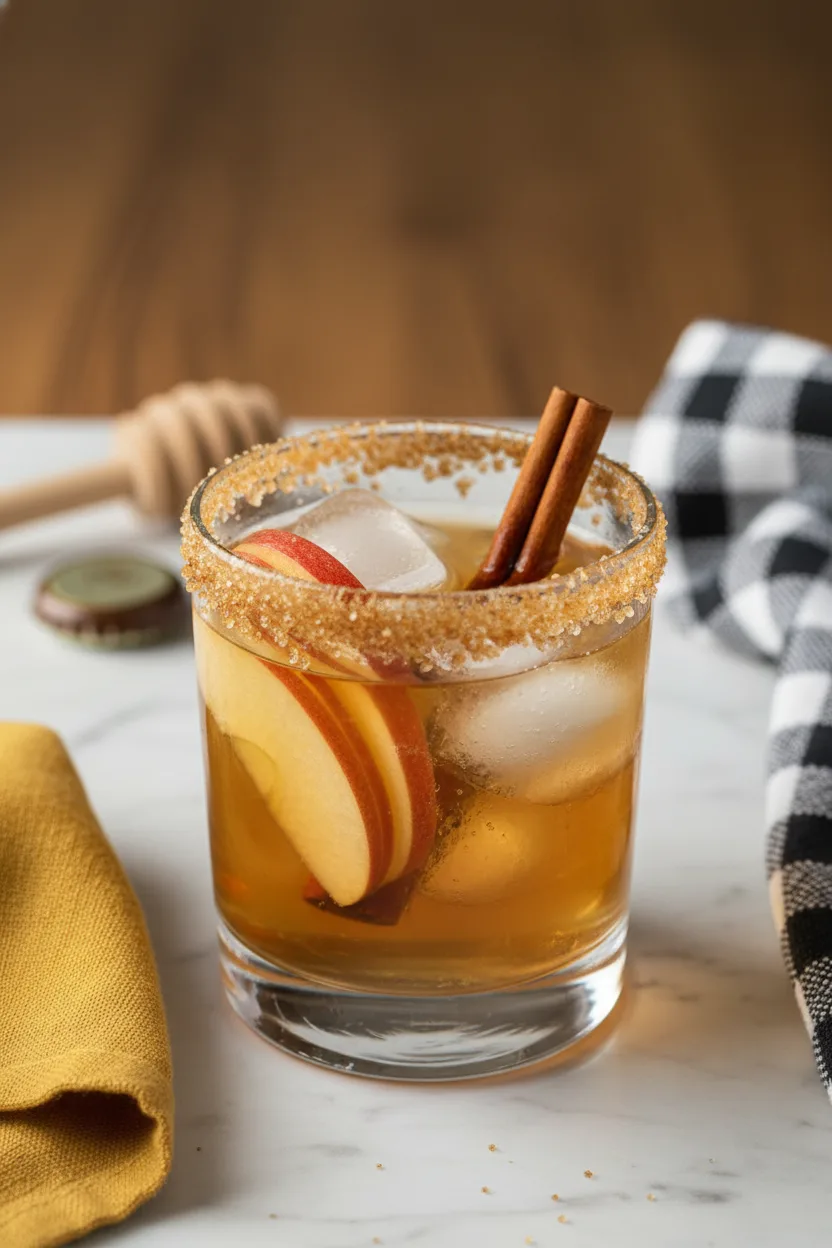 A gold shimmer mocktail, featuring sparkling apple juice, served in a short glass with a golden sugar and spice rim, garnished with apple slices and cinnamon sticks.