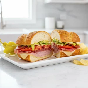 A grinder salad sandwich cut in half, showcasing layers of cheese, ham, sauce, tomato, lettuce, and salami on sesame seed bread. Pickled yellow peppers and potato chips surround the sandwich on a wooden cutting board.