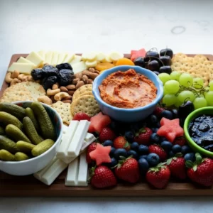 A charcuterie board featuring a variety of non-pork items including yellow cheese slices, white cheese balls, dried apricots, prunes, almonds, cashews, crackers, orange dip, cherries, green grapes, dill pickles, white chocolate bars, strawberries, blueberries, watermelon stars, and dark purple preserves; Holiday Charcuterie Board Ideas (no pork).
