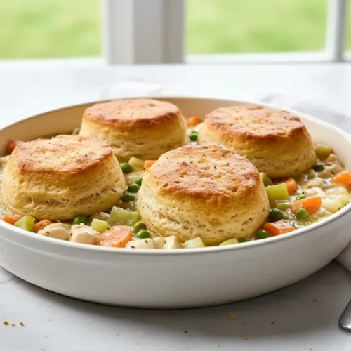 Homemade chicken pot pie casserole featuring four golden-brown biscuits arranged on top of a creamy filling with chicken, carrots, celery, and peas in a white casserole dish.