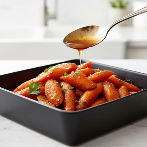 Close-up of a heap of honey-glazed carrots, cut into oblique shapes, glistening with a glossy glaze and garnished with fresh parsley. The carrots have a caramelized, deep orange-brown hue, indicative of the Maillard reaction.
