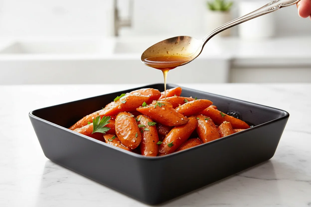Close-up of a heap of honey-glazed carrots, cut into oblique shapes, glistening with a glossy glaze and garnished with fresh parsley. The carrots have a caramelized, deep orange-brown hue, indicative of the Maillard reaction.
