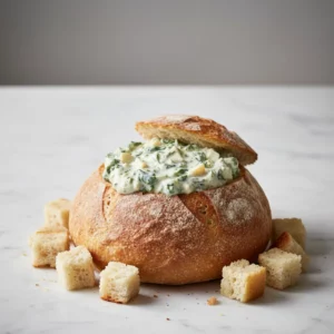 A rustic sourdough bread bowl filled with creamy hot spinach dip, with a piece of bread being dipped into it. The dip has visible spinach pieces and a glossy sheen. The bread crust is golden-brown and porous. Marble and wooden surfaces are visible in the background.