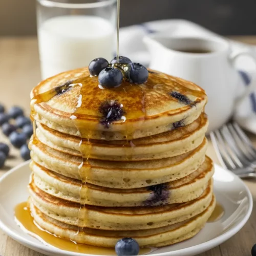 A stack of seven golden-brown blueberry pancakes, glistening with syrup, sits on a white plate on a wooden surface. Fresh blueberries are scattered around the plate. This is a copycat of the Hungry Jack Pancake Mix Recipe.