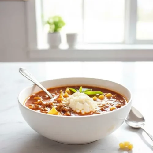 A bowl of lasagna soup featuring a rich tomato broth, ground meat, lasagna pasta pieces, elbow macaroni, a dollop of mozzarella cheese, and fresh basil leaves, sitting on a marble table.