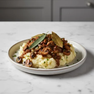 Overhead shot of make-ahead mushroom gravy simmering in a skillet, featuring diced onions, sliced mushrooms, and whole bay leaves in a rich, brown sauce with a glossy finish.