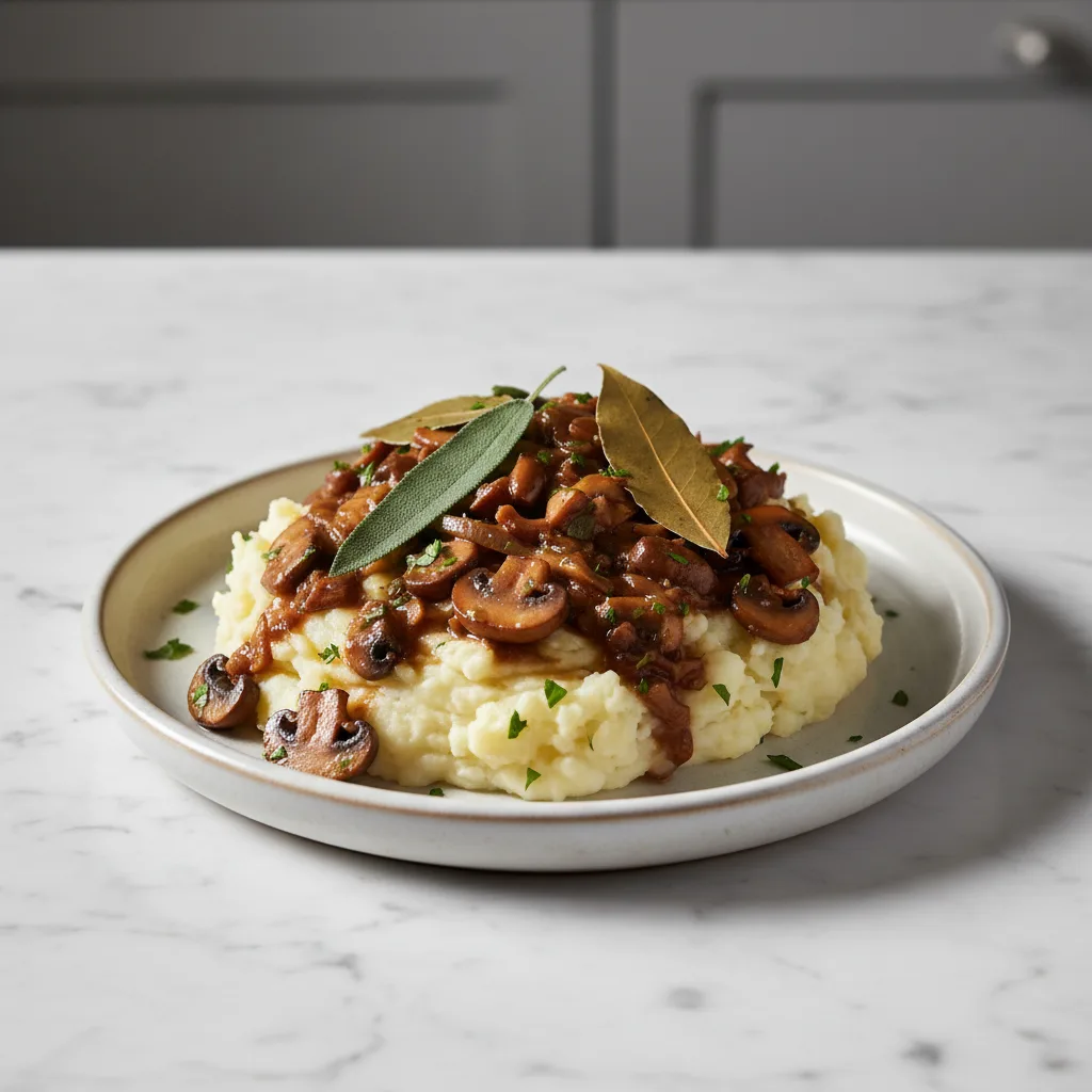 Overhead shot of make-ahead mushroom gravy simmering in a skillet, featuring diced onions, sliced mushrooms, and whole bay leaves in a rich, brown sauce with a glossy finish.
