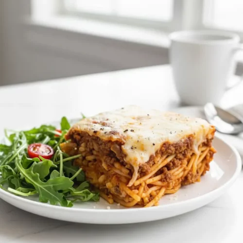 A square slice of Million Dollar Spaghetti casserole, showcasing layers of spaghetti, meat sauce, and melted cheese. The slice is upright on a dark grey table with a fresh arugula salad and cherry tomato to the right, and grated parmesan sprinkled nearby.