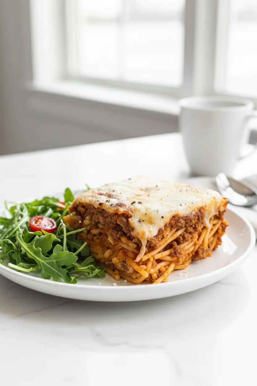 A square slice of Million Dollar Spaghetti casserole, showcasing layers of spaghetti, meat sauce, and melted cheese. The slice is upright on a dark grey table with a fresh arugula salad and cherry tomato to the right, and grated parmesan sprinkled nearby.