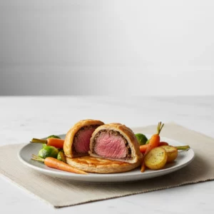 Two mini beef Wellingtons, cut in half to display the medium-rare beef tenderloin surrounded by duxelles and puff pastry, are stacked on a round pastry base. Roasted potatoes, carrots, and Brussels sprouts accompany the dish, arranged symmetrically on a plate.