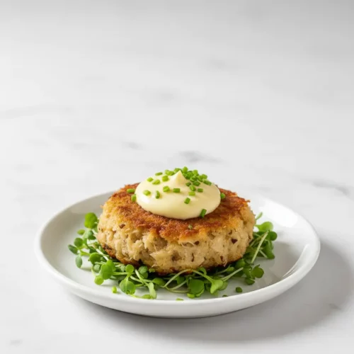 Three mini crab cakes are displayed on a white plate. The crab cakes are golden-brown with visible pieces of crab meat and breading. The background is plain white.