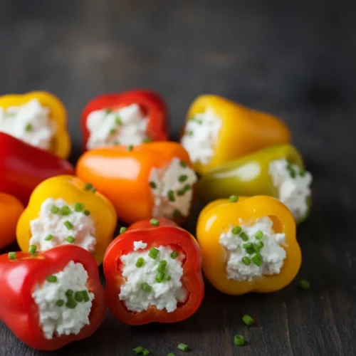 An assortment of colorful mini peppers, halved and filled with a creamy white cream cheese mixture, garnished with fresh chives.