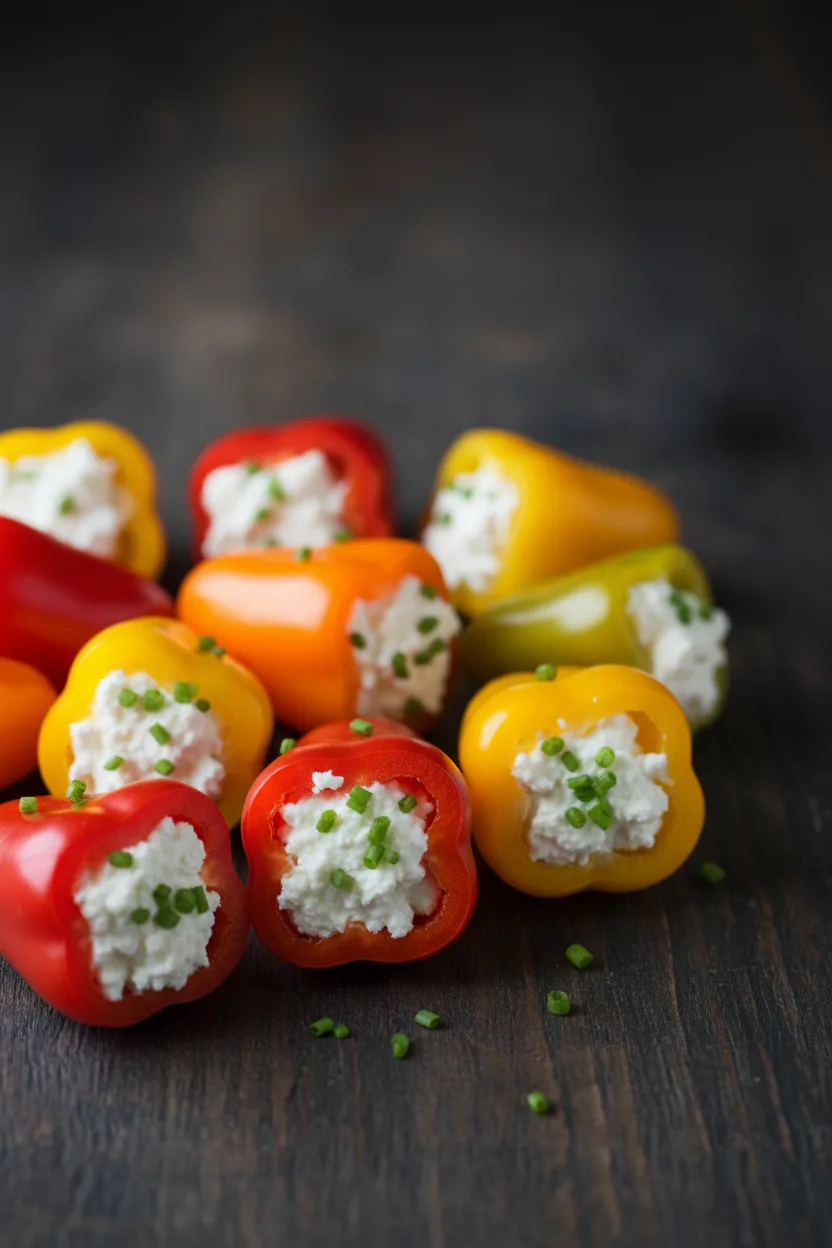 An assortment of colorful mini peppers, halved and filled with a creamy white cream cheese mixture, garnished with fresh chives.