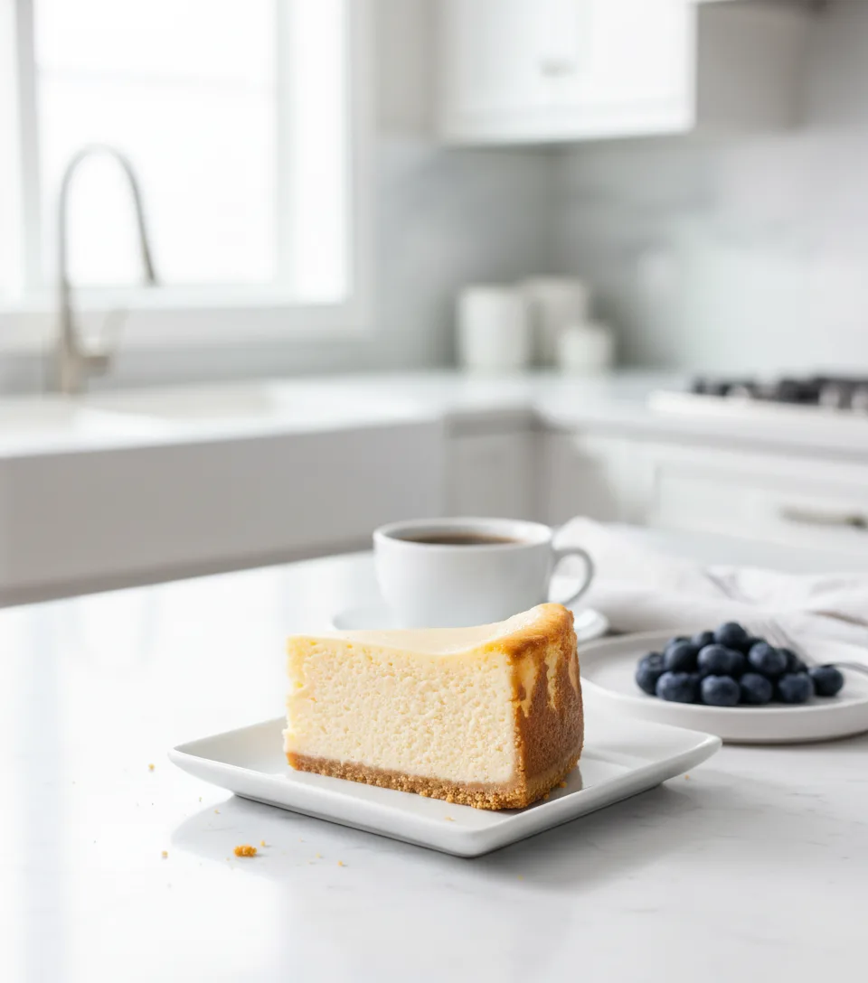 A single slice of New York cheesecake on a white plate, showcasing its creamy texture and graham cracker crust. A cup of coffee and another slice of cheesecake are visible in the soft-focused background.